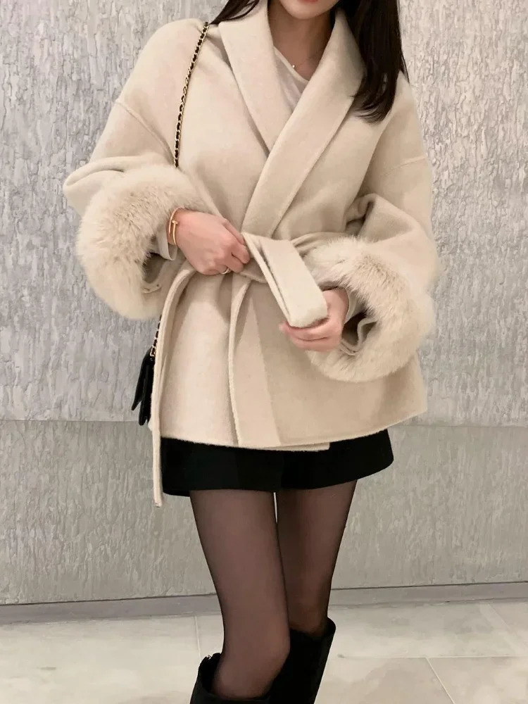 Elegant Lace Up Woolen Overcoat Women Casual Lapel Vneck Full Sleeve Loose Warm Outerwears Lady Autumn Commute Street Coat 251028