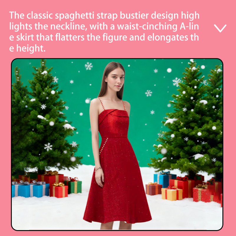 Prom Dresses Women's Red Glitter Midi Dress, Spaghetti Strap Pearl Detail Formal Gown, Cocktail & Evening Party A-Line Dress YJY0002