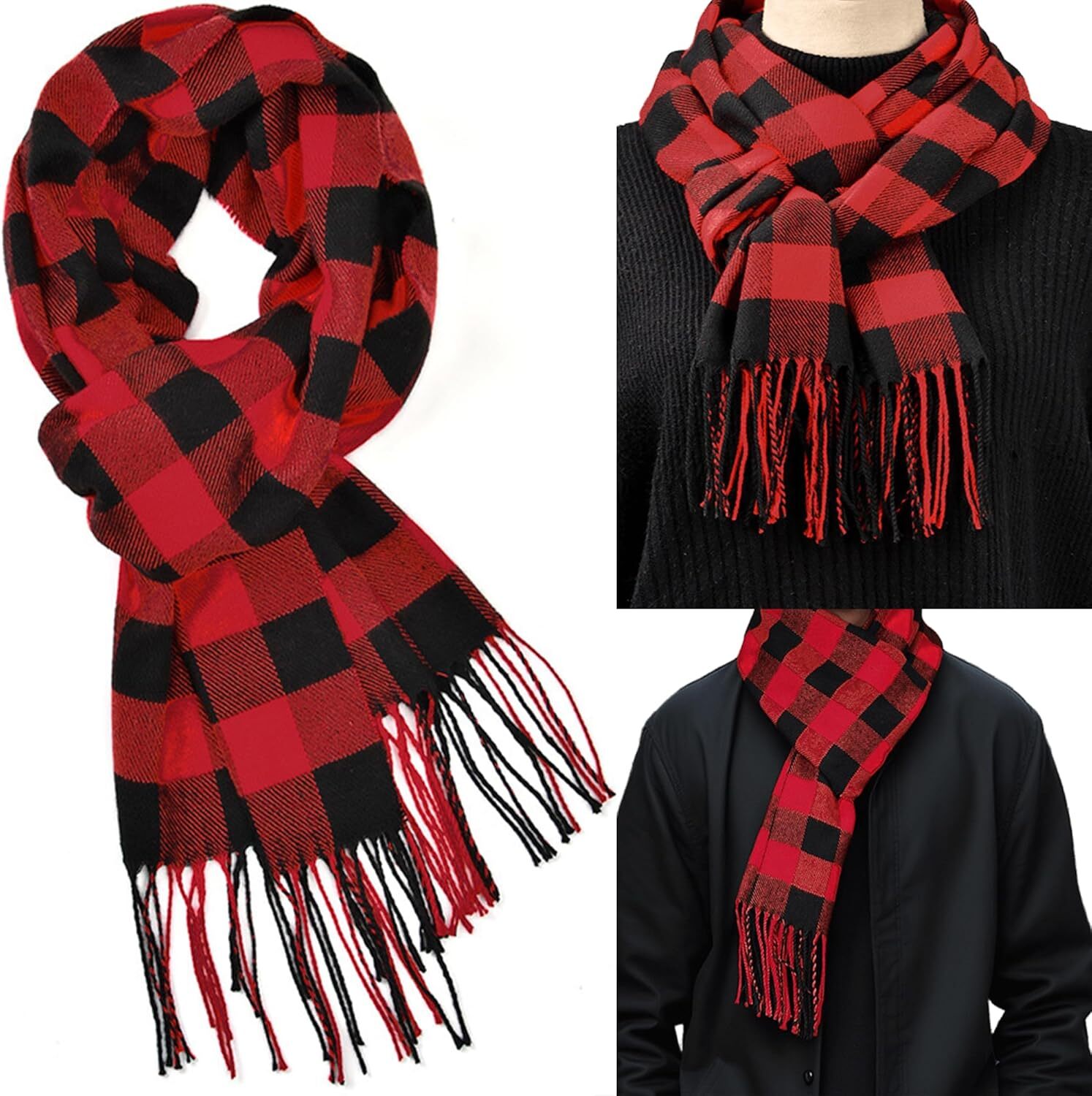 Custom Women Men Tartan Red Check Christmas-Scarf Winter Soft Warm Buffalo Plaid Long Scarves Scottish Lattice Wraps 72x12 in