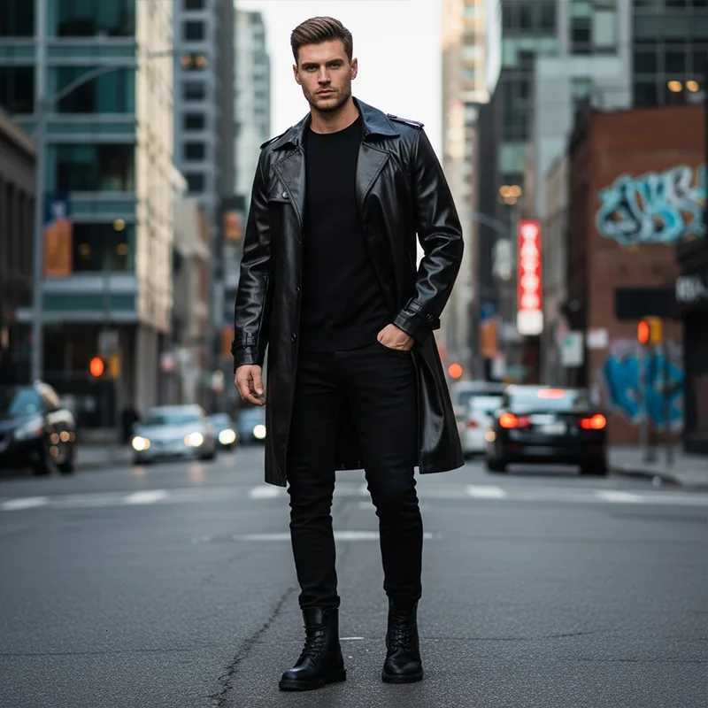 Mens Unisex Black PU Leather Jacket Garment belt American Lapel QIU Season Fashionable Texturized MidLength Loose AllmatchT251029