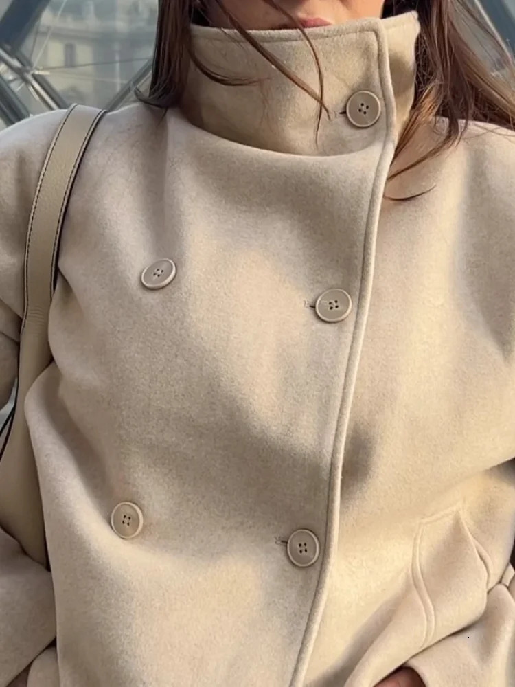 Autumn Woolen Coats Women Casual Double Breasted Stand Collar Female Office Short Jackets Chic Lady Loose Street Outwear 251028