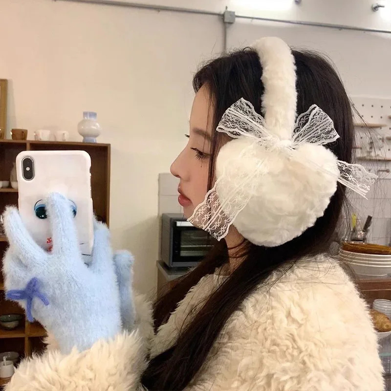 Winter Japanese Sweet Girl Cute Earmuffs lace Bow Plush Winter Warm Headwear Women Earplugs Cold Protection Love ear muffs 251029