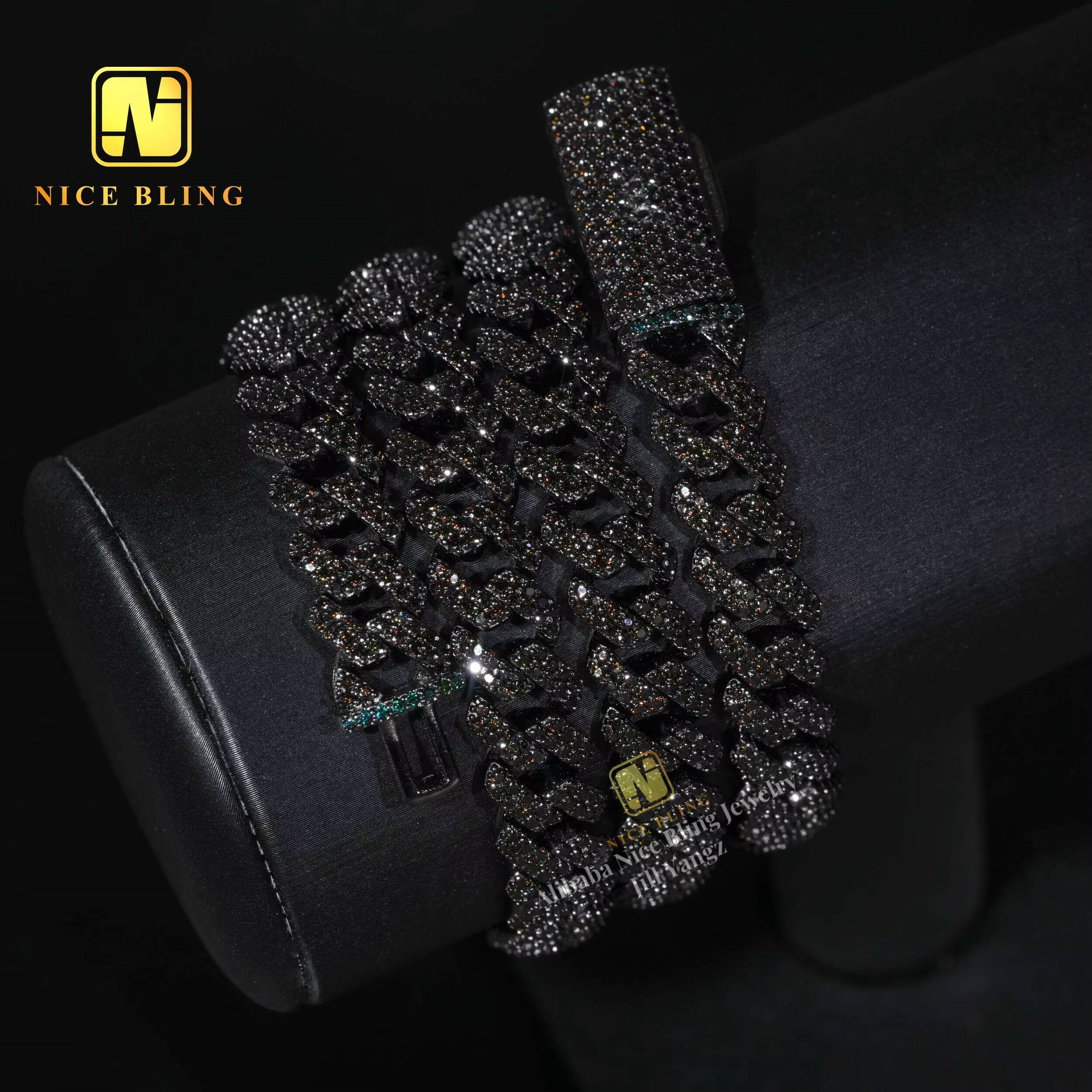 Trending Products 2025 Black Moissanite Cuban Chain 10mm 925 Silver Necklace Iced Out Cuban Link Chain Black Rhodium Plated
