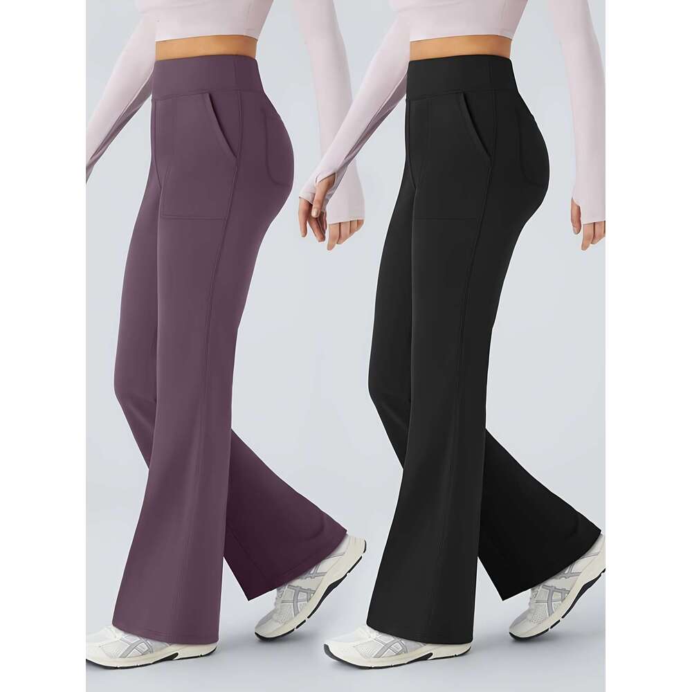 2pcs High-Waist Women's Flare Leg with Front Pockets - Stretchy, Slimming Casual Bell Bottoms for Workout, Comfortable Long Trousers in Purple & 