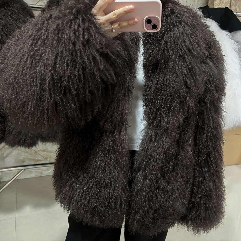 YOLOAgain Womens Real Mongolia Sheep Fur Jacket Dark Brown Sheep Fur Jacket 251029
