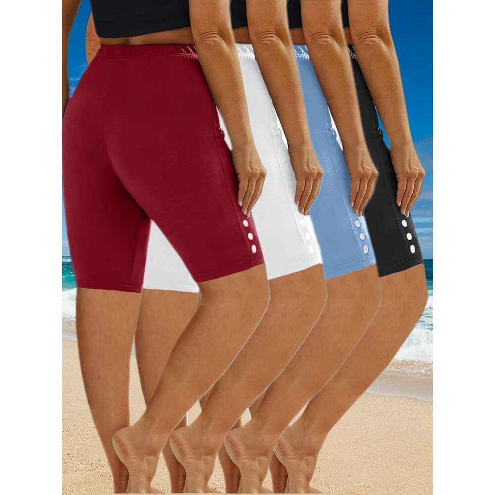 4pcs Plus Size Women'S High Waisted Shorts Stretchy, Button-Decorated, Casual Pants Fiess, Yoga, Running - Ideal for Everyday, Wear, Holiday Wear