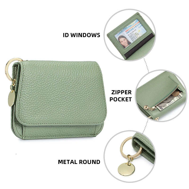 Women Genuine Leather Slim TriFold Wallet Credit Card Holder With Zipper Coin Pouch ID Window Keychain 251029