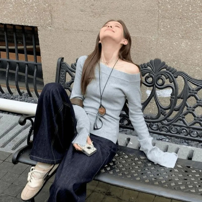 Sexy Pullovers Women Off Shoulder Cropped Knitted Basic Clothes Autumn Allmatch Side Slit Simple Tender Slim Gentle Seductive 251029