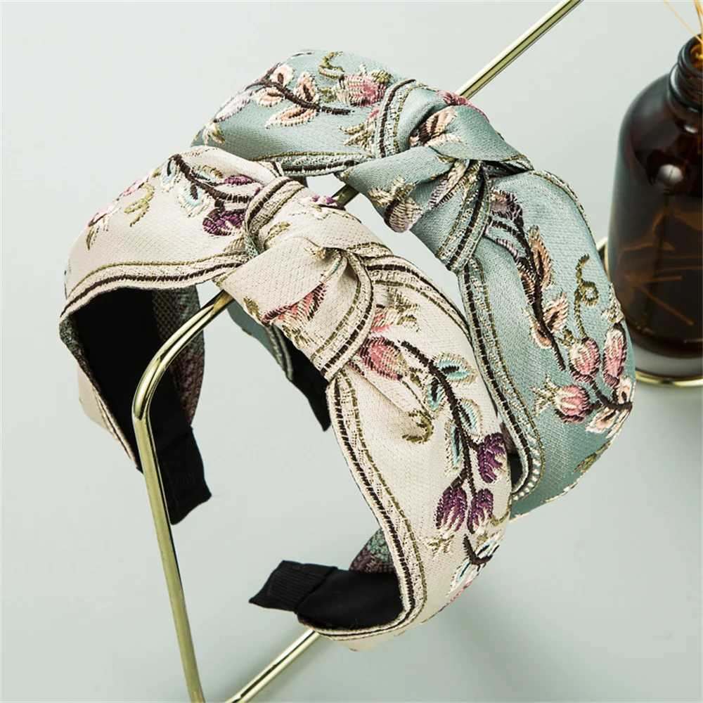 Embroidery Knotted Wide Hairbands For Women Girls Headwear Ethnic Fabric Headbands Female Flower Hair Hoop Hair BandW251028