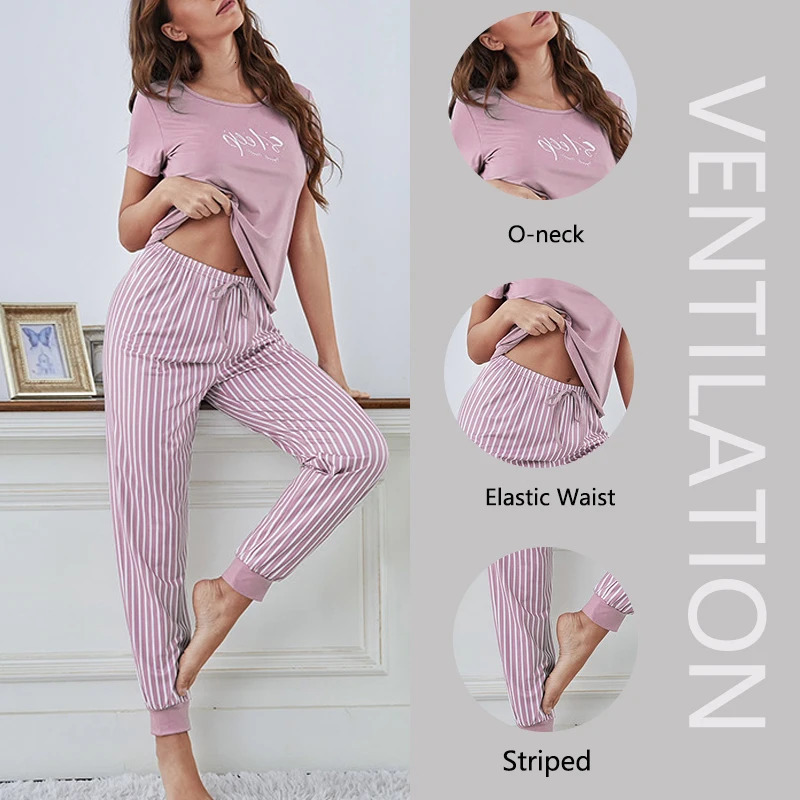 2Pcs Women Plus Size Pajamas ShortSleeved White Striped Drawstring Trousers Student Homewear Suit Letter Print TShirt Ladies 251029
