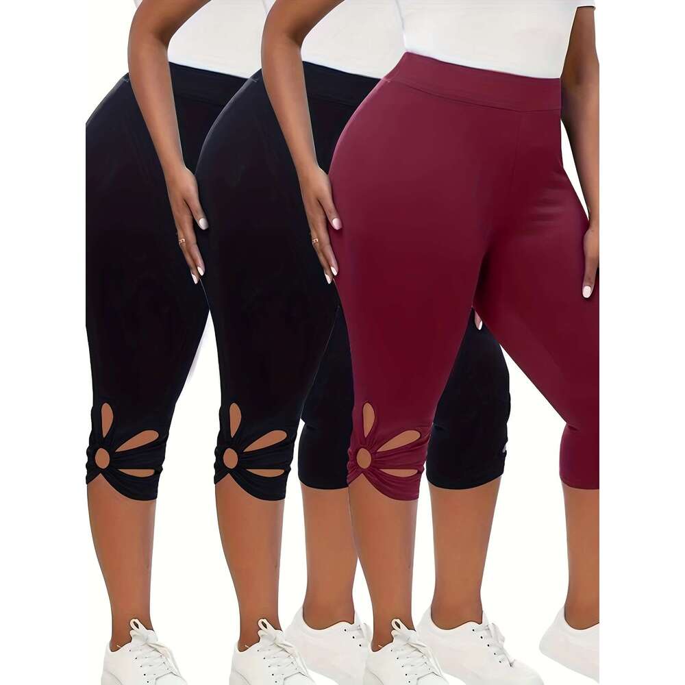 Women's 3pcs High Waist Capri Leggings - Slimming, Stretchy Activewear with Cutout Detail, Plus Size Yoga Pants
