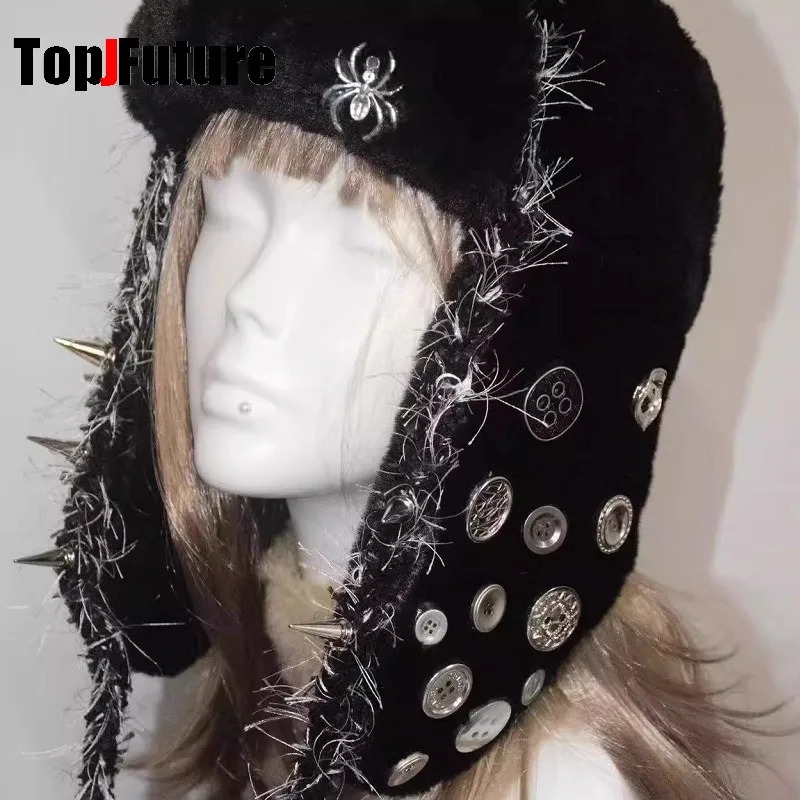 Gothic Lolita Y2k Girls Womens Subculture Punk rivet Metallic Spike Warm plush fluffy Harajuku Winter Warmer Beanie Hat 251029