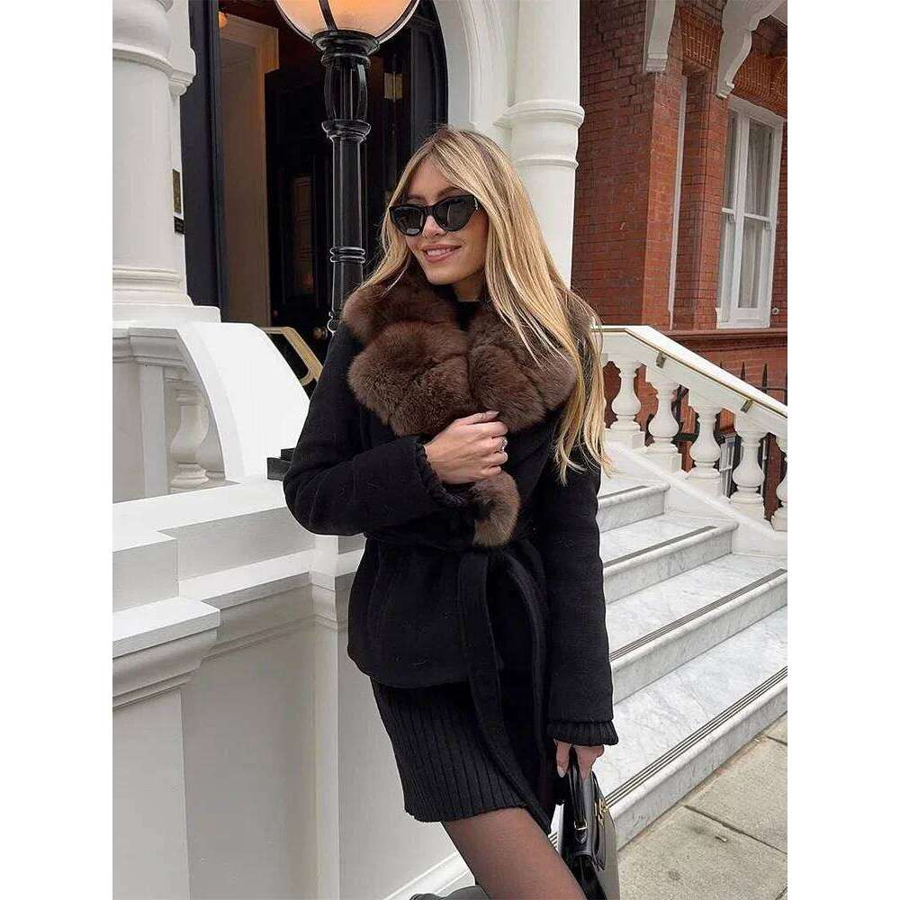 Solid Faux Fur Collar Woolen Overcoat Women Casual Full Sleeve Lace Up Short Jackets 2025 Lady Daily Outdoor Street Warm Coat