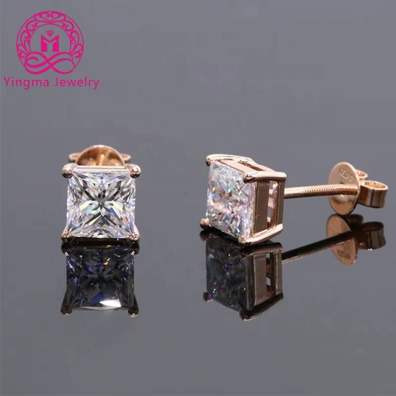 Free Shipping Fine Jewelry Two Carat Princess Cut Moissanite Gemstone 14k Rose Gold Screw Back Stud Earring
