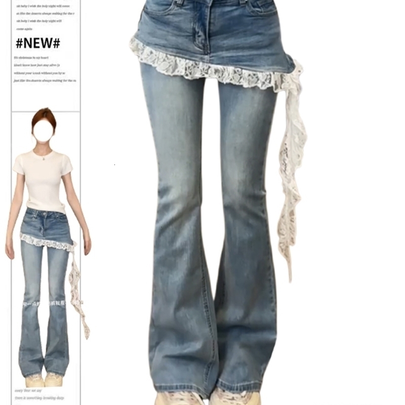 Women Korean Slim Lace Patchwork Harajuku Y2K Denim Flare Pants 2000s Kpop BellBottom Long Trousers Gyaru Abi Jean 251020