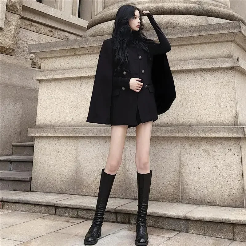 Winter black cape coat can be used with loose stand collar medium long woolen coat for women 251029