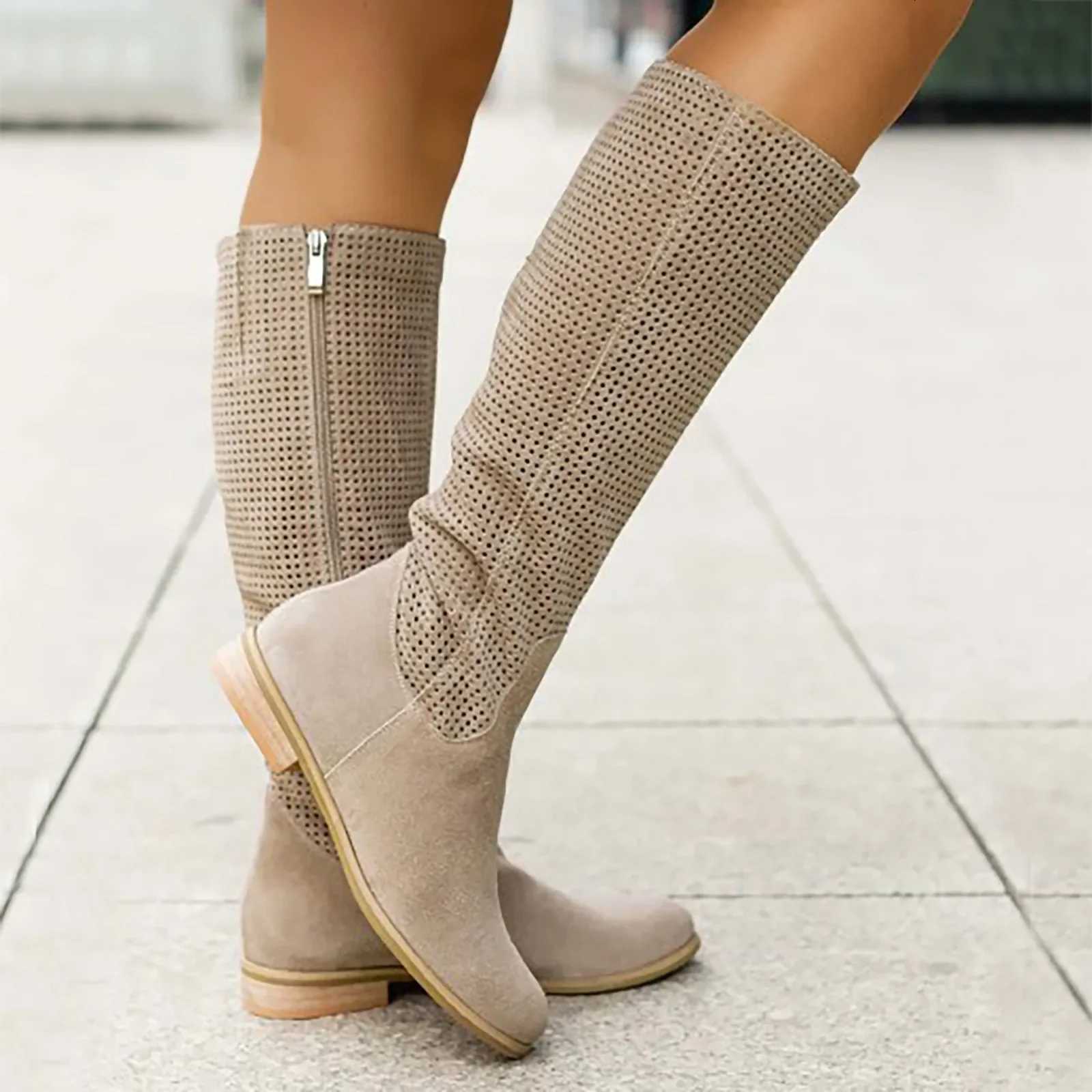 European and American hollow breathable suede high top cycling boots 2025 new womens cool boots western boots Z251029