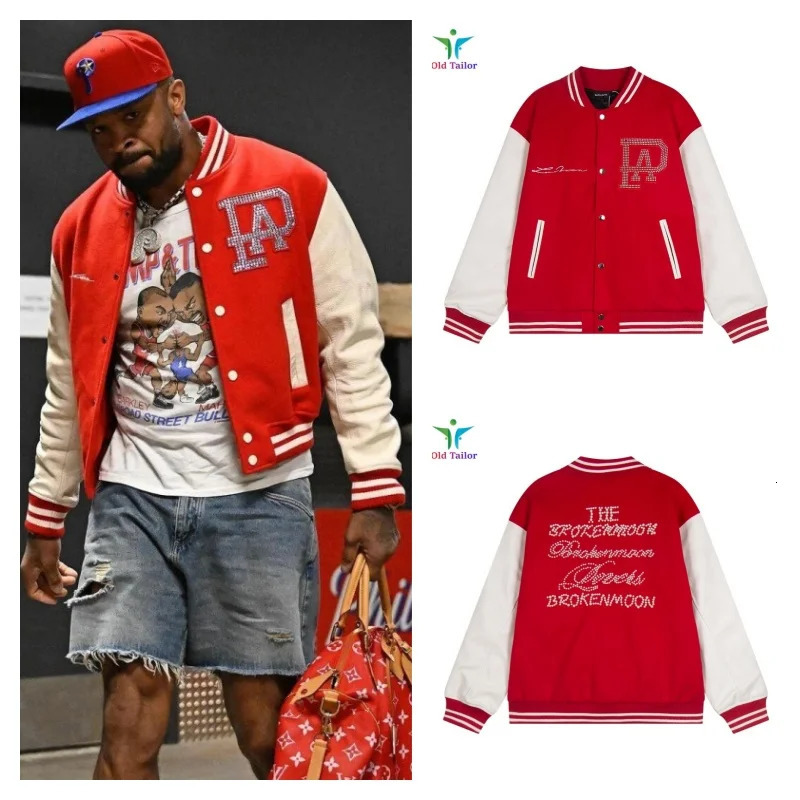 24SS Top Quality Red Rhinestones Colorblocking Leather Sleeve Mens Womens Baseball Jacket 251028