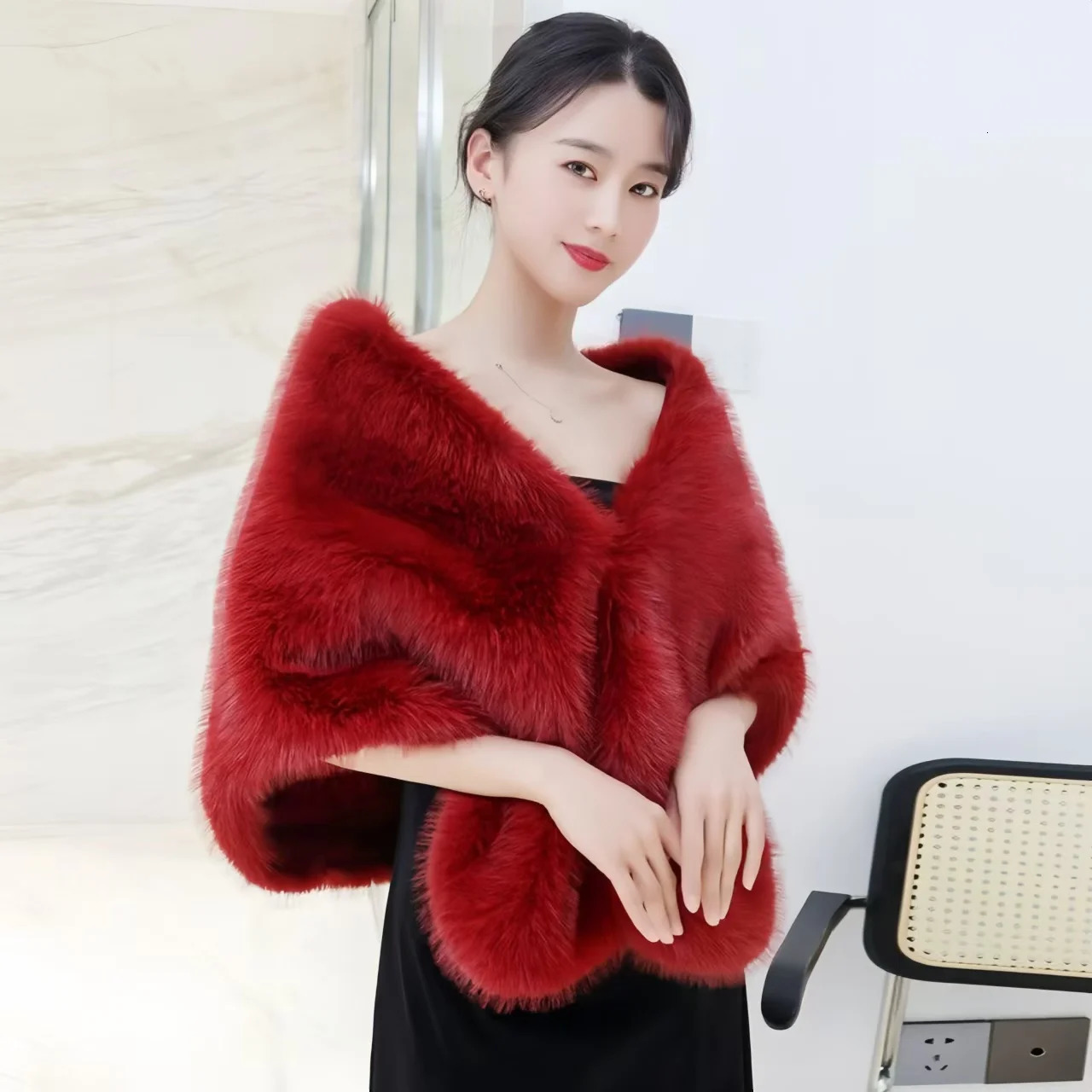 Autumn Women Open Stitch Solid Color Shawls with Faux Fur Flocking Short Cape Female Winter Pashmina Wraps 251029