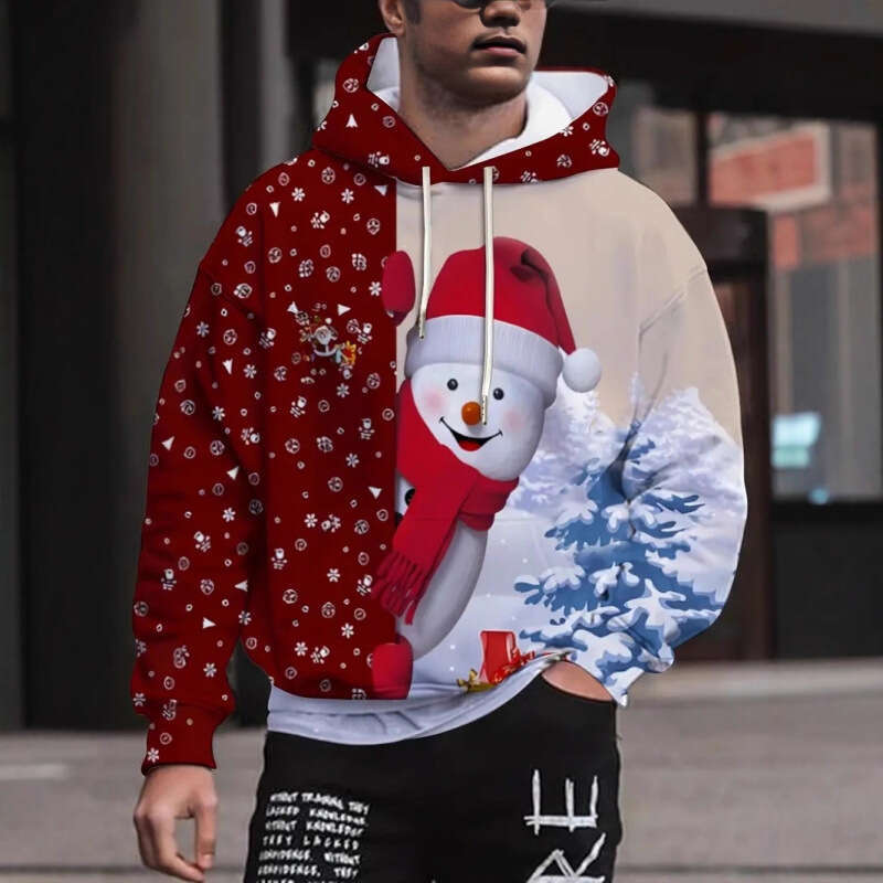 Mens Womens Christmas Father Christmas Elf Print Hoodie Casual Long Slve Sweatshirt with Pockets