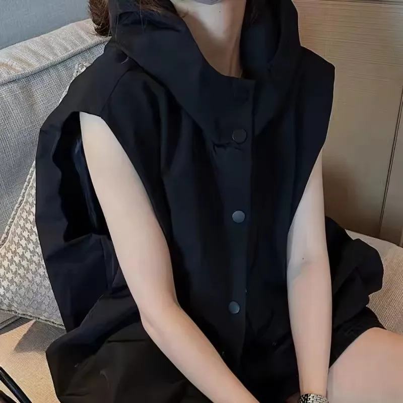 Women Hooded Vests Coats Single Breasted Loose Casual Tops Spring Autumn Korean Simple Allmatch Breathable Waistcoat 251029