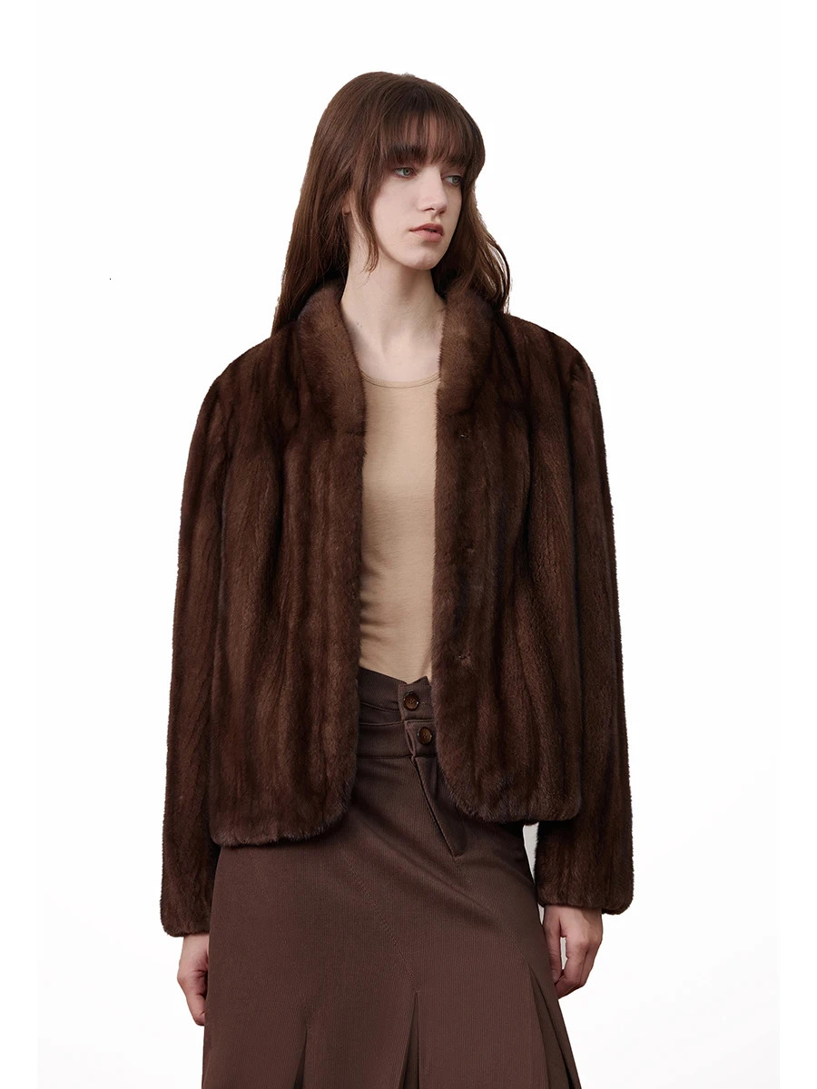 Lautaro Autumn Winter Short Brown Thick Warm Soft Faux Mink Fur Coat Women Stand Collar Elegant Chic Fluffy Jacket 2025 251029