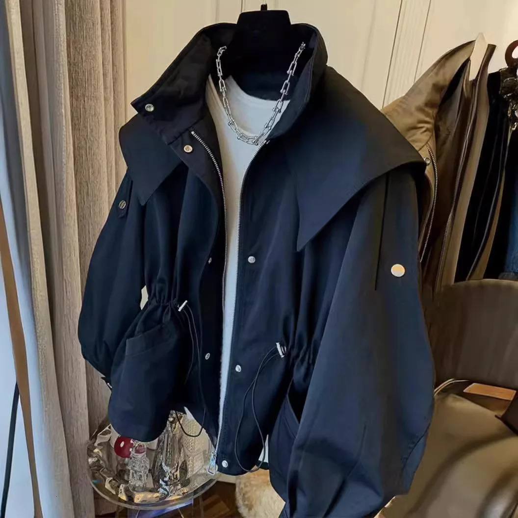 Solid Zipper Coat Single Breasted Women Jackets Outerwear Spliced Draw String Pockets Loose Casual Safari Style 2025 Autumn 251029