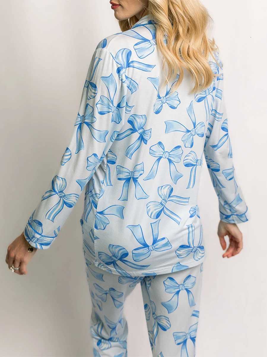 Women 2 Piece Pajama Set Fashion Long Sleeve Button Shirt and Elastic Pants for Loungewear Soft Sleepwear NightwearT251029