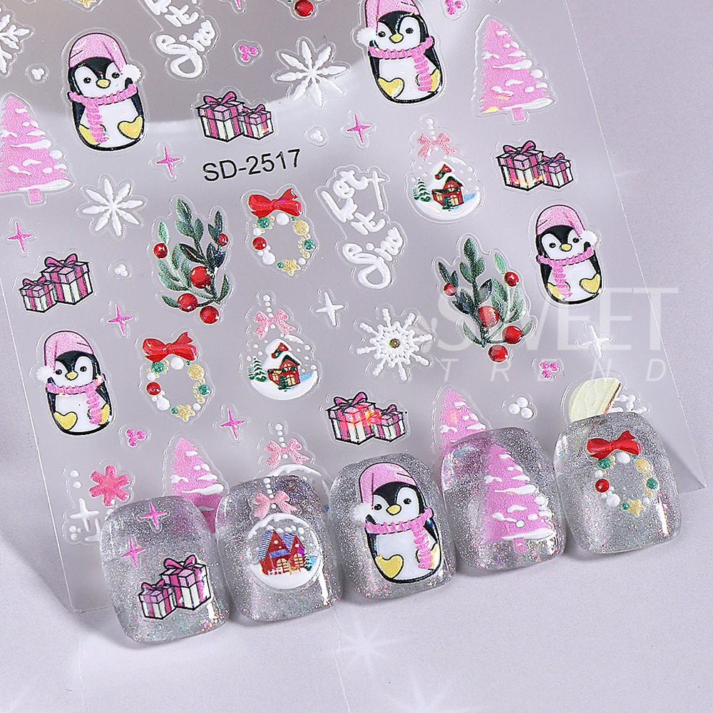 6pcs Christmas Nails Art Stickers 5D Embossed Christmas tree Snowflake Gloves Elk Bow Nail Decals Sliders DIY Manicure Decor 251027