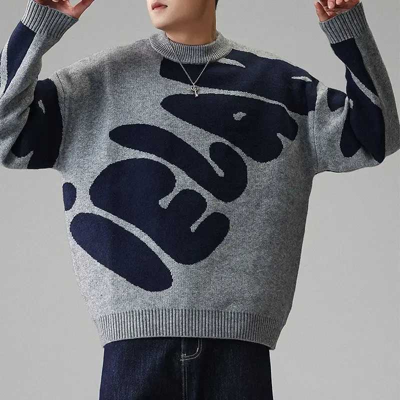 American Streetwear Grey Blue Abstract Jacquard Crew Neck Sweater Men Women Couple Loose Casual Knit Jumper Autumn Winter J251029