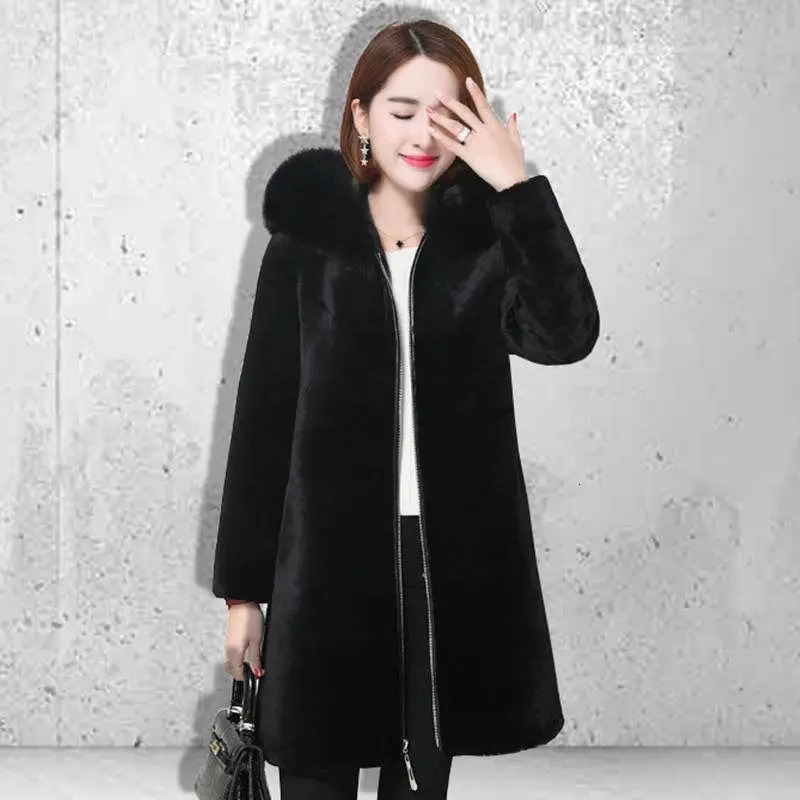 2025 Winter Faux Fur Jacket Black Hooded Parkas Coat Thicken Ladies Warm Long Overcoat 5XL Windproof Snow Outerwear Female 251029