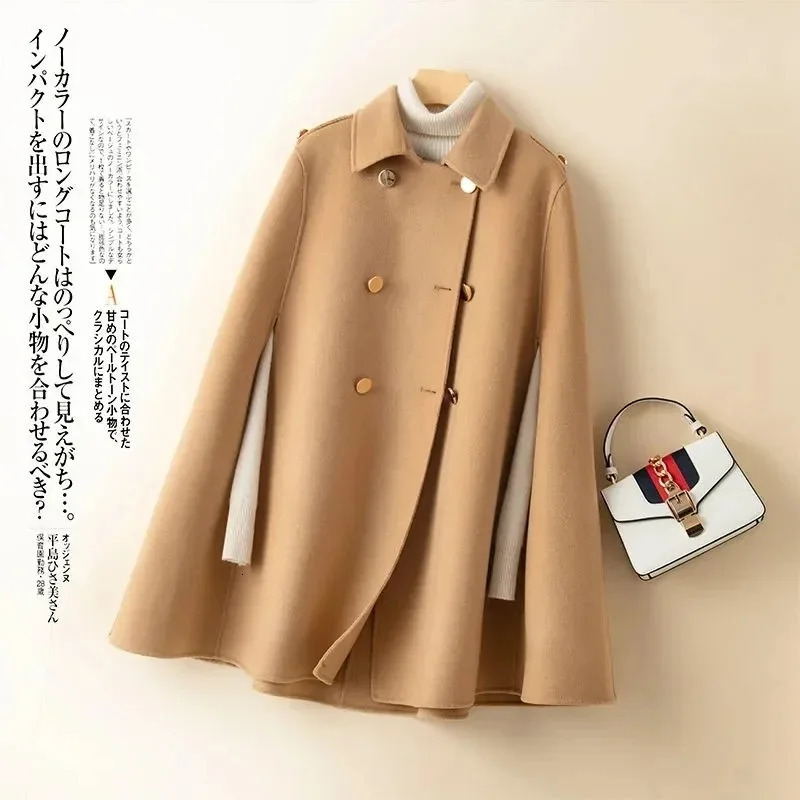 100 Wool Mid Long Bat Cape Women Woolen Coats Autumn Loose Double Sided Cashmere Coat Female Fashion Camel Black Outerwear 251029