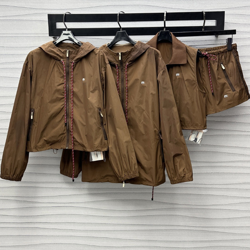 Sports Casual Style Stand Collar Hooded Long Sleeves Women New Double Zipper Solid Color Jacket