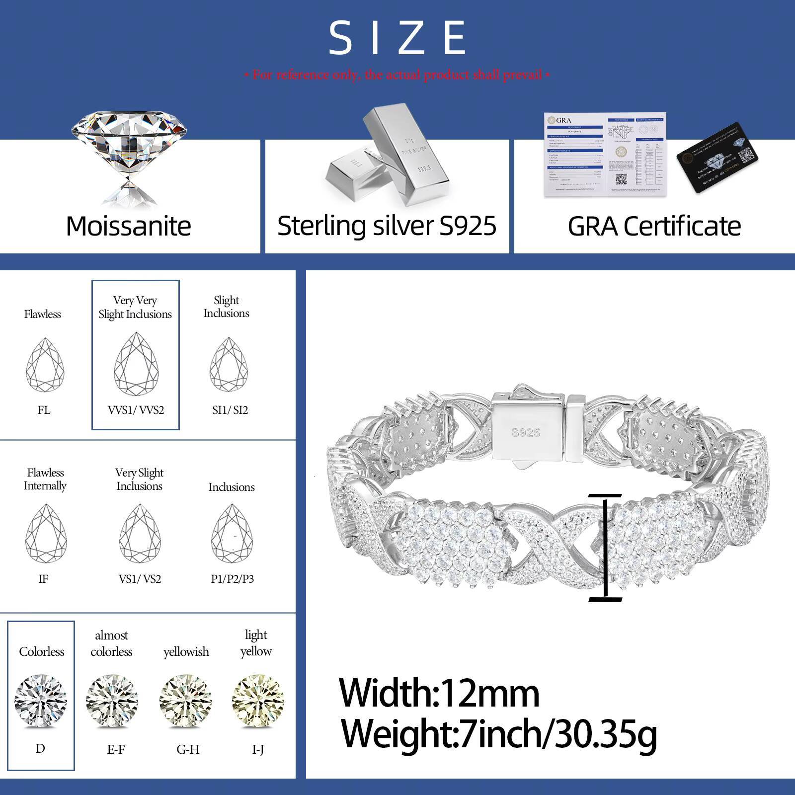 New Design Hip Hop Jewelry Custom Colored 12mm 925 Sterling Silver Vvs Moissanite Diamond Infinity Link Bracelet for Men