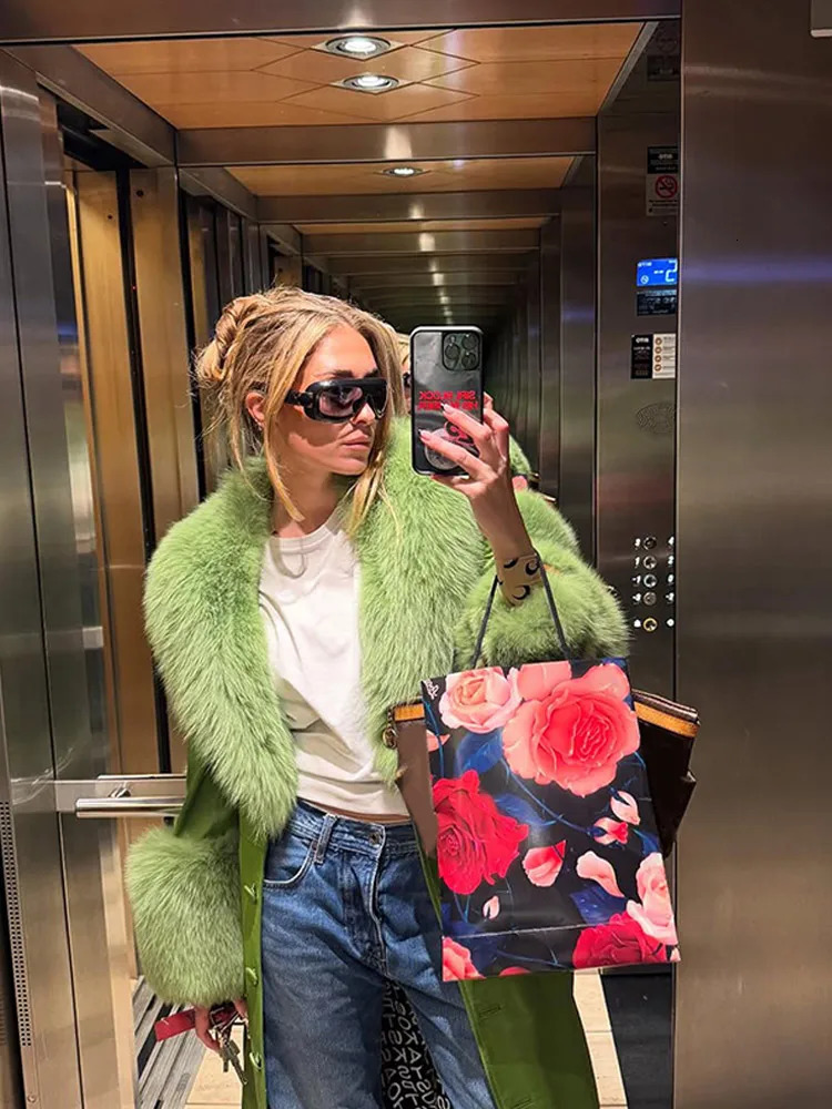 Green Fluffy Faux Fur Jacket Women Fashion Lapel Long Sleeve Loose Warm Coat 2025 Winter Lady High Street Outerwear 251029