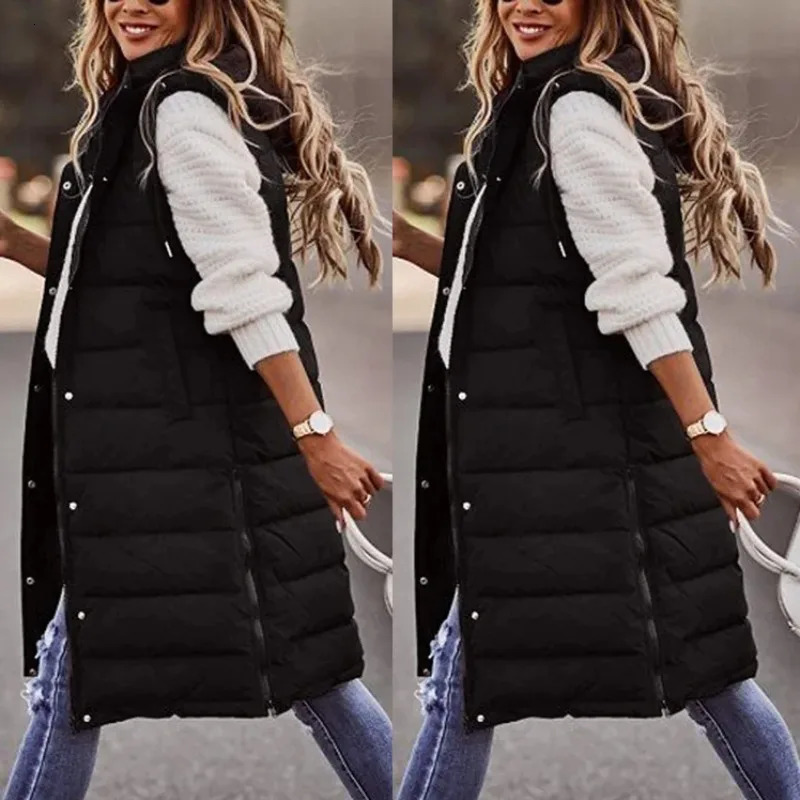 Womens Fashion Hood Long Coat Vest Autumn Winter Warm Sleeveless Jacket Waistcoat Solid Color Single Breasted Outwear 251027