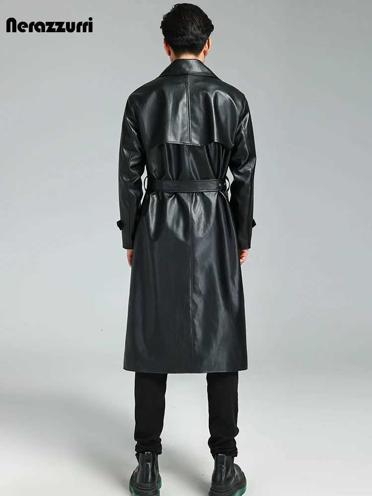 Nerazzurri Autumn Winter Long Black Soft Pu Leather Trench Coat Men Belt Double Breasted Luxury Plus Size Overcoat 3xl 4xl 5xlT251029