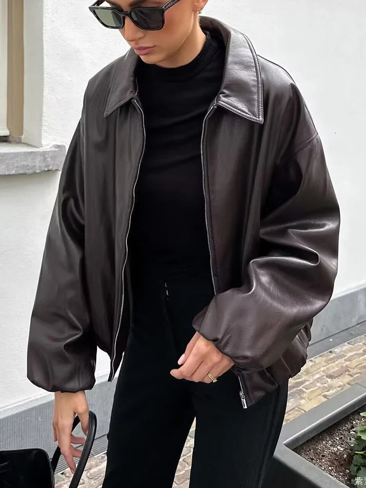 2025 Women Autumn PU Jackets Coats Causla Solid Loose Long Sleeve Female Elegant Street Jacket Outerwear Clothing 251029