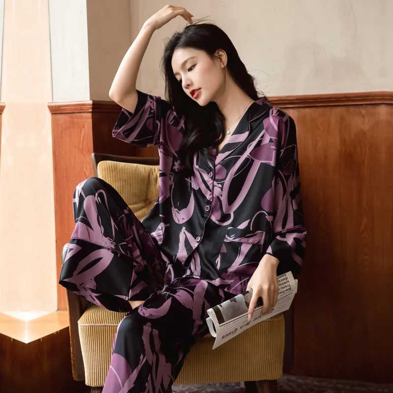 Premium Womens Ice Silk Pajama Set Lightweight Long Sleeve Loungewear Fashionable Silk Design Luxurious Comfort for HomewearT251029