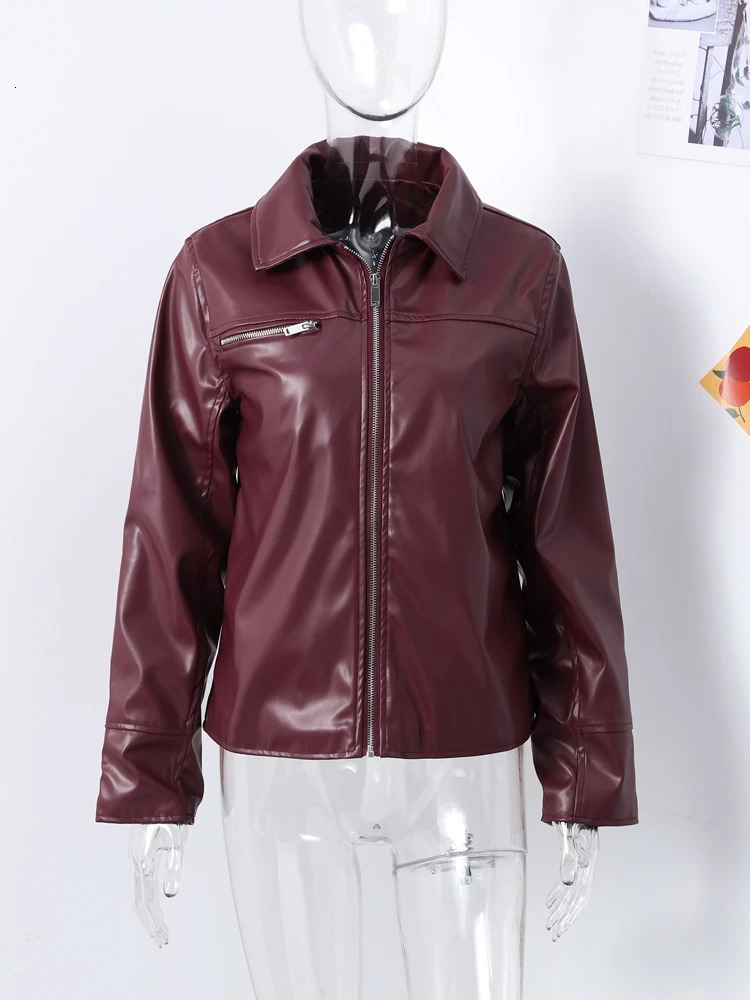 Fashion Red Wine Leather Jacket Women Loose Lapel Zippers Long Lantern Sleeve Coats 2025 Autumn Female Vintage Outwears 251029