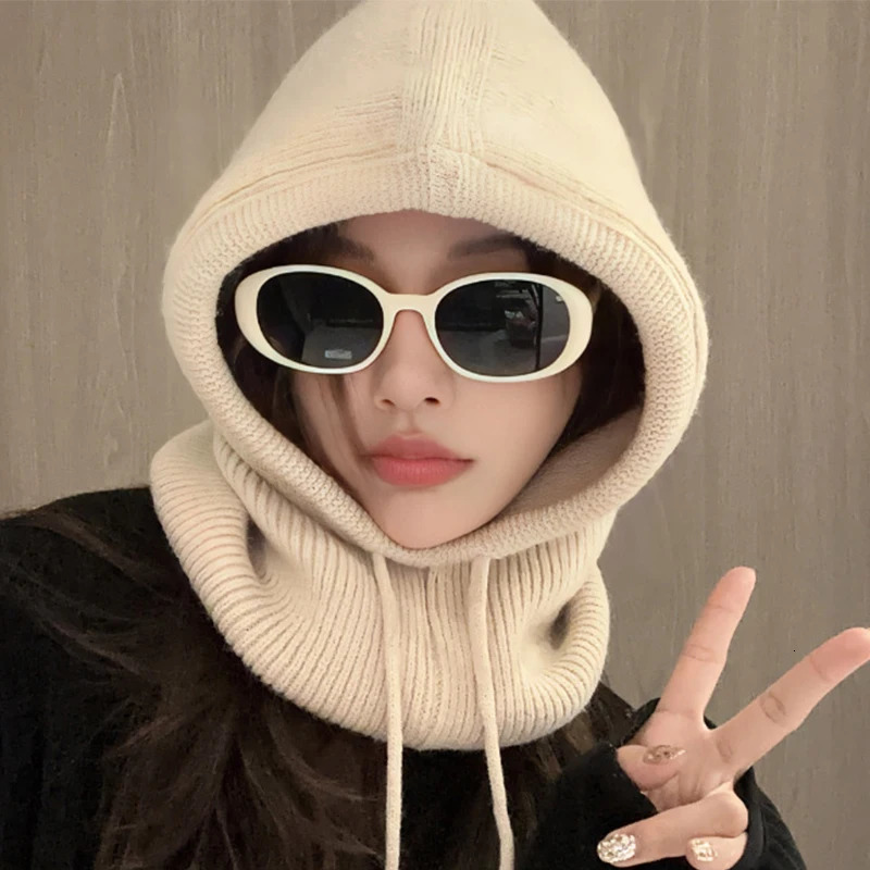 Knitted Hooded Caps Winter Balaclava Hats Women Korean Style Outdoor Warmer Drawstring Hats Onepiece Neck Collar Beanies Cap 251029