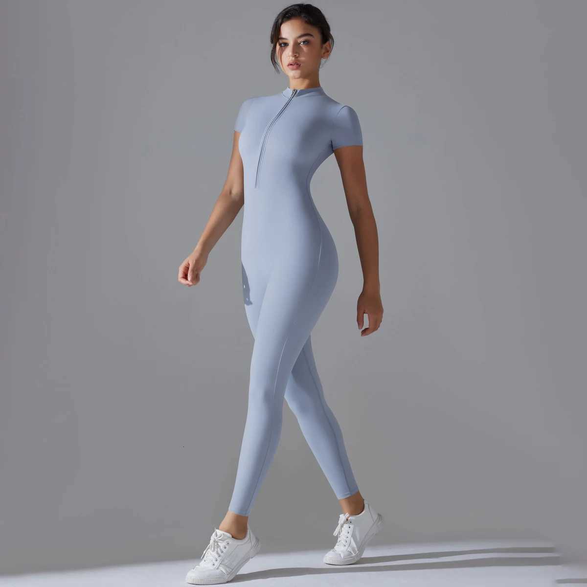 Naked zipper short sleeved yoga suit jumpsuit quick drying breathable outdoor sports tight fitting jumpsuit fitness suitXJ251029
