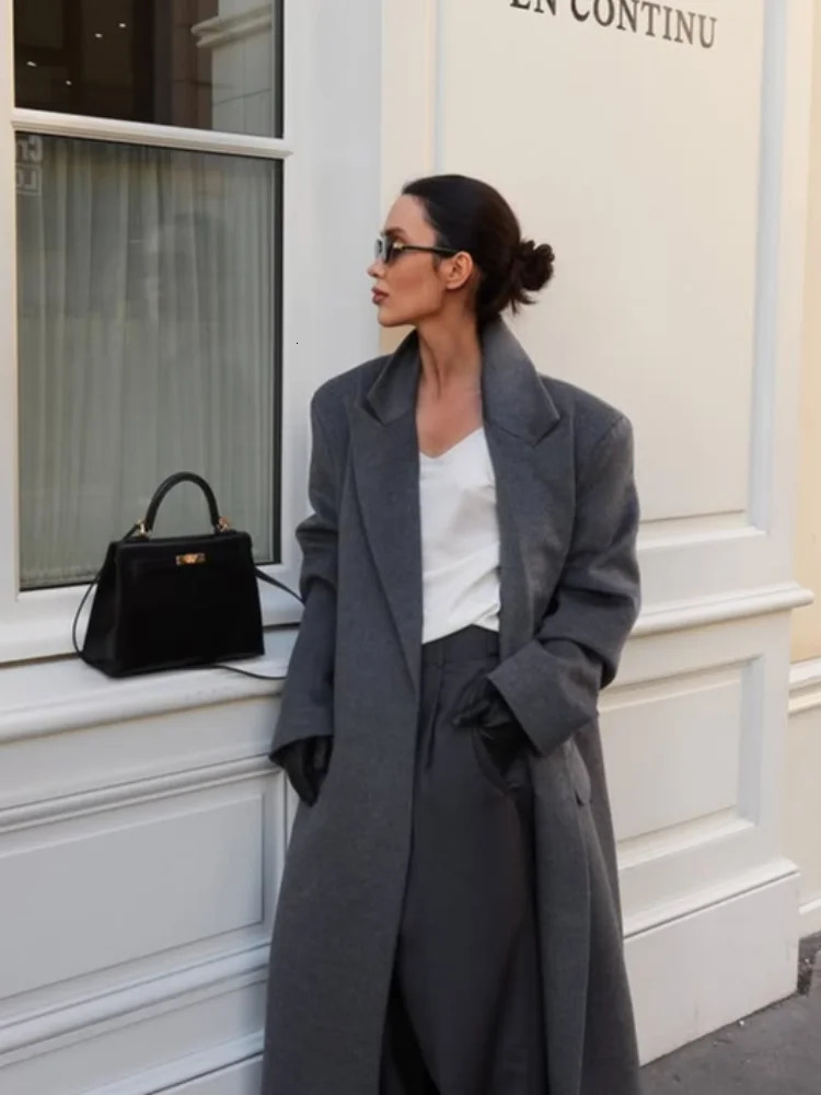 Office Womens Woolen Long Coat Turndown Collar Sleeve Single Button Midlength Outerwear Autumn Lady Overcoats 251028
