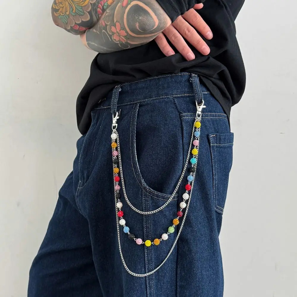 Fashion Jeans Chain Colorful Rhinestone Bead Waist Chain Gothic Beads Punk Belt Chain Zinc Alloy Hip Hop Pants Chain Steet 251021