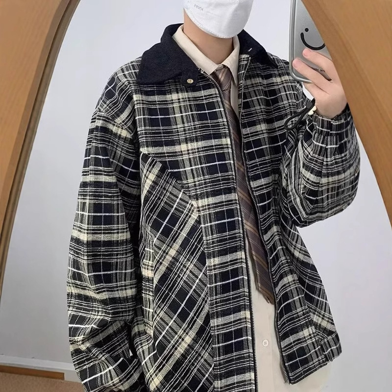 Spring Designer Jacket And Autumn American Style Pilot Short Plaid Jacket Men's Trendy Korean Version Loose Cool Turn-down Collar Workwear Jacket