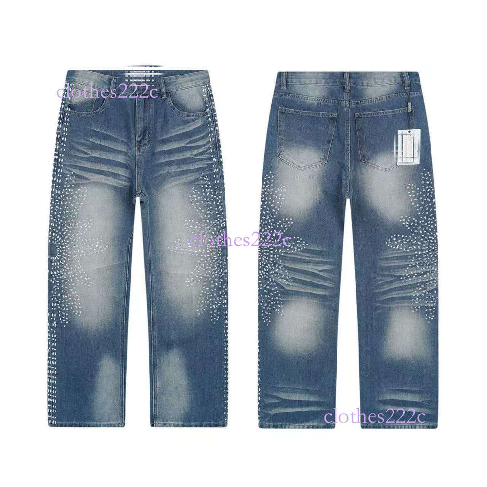 Trendy Vintage Full Rhinestone Ripped Jeans Street Style Hip Hop Long Pants Unisex
