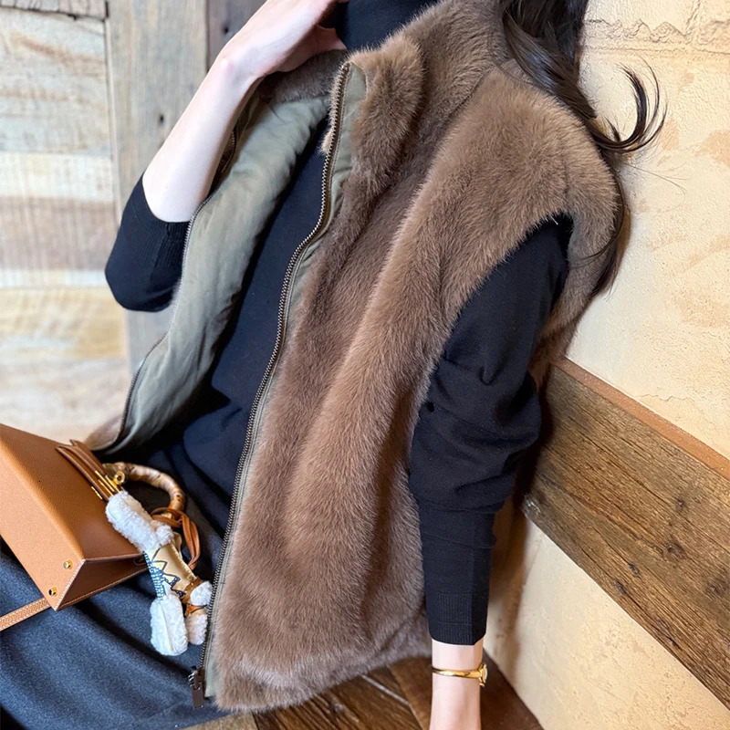 Women Korean Style Mink Fur Reversible Vest Coats Autumn Winter Highend Stand Collar Thick Warm Loose Casual Zipper Waistcoat 251027