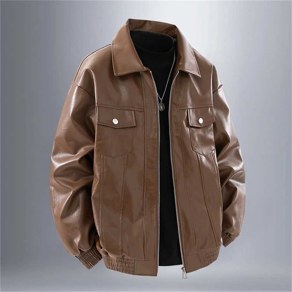 American Retro PU Leather Jacket Men Streetwear Motorcycle Mens Leather Jackets Autumn Korean Trendy Versatile Motorbiker CoatT251029