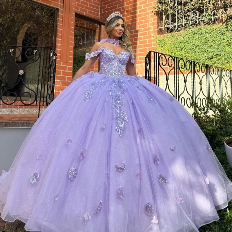 Lavender Shiny Ball Gown Quinceanera Dresses Off The Shoulder Applique Flower Beads Bow Tull Party Birthday Sweet 16 Dress Vestidos 15 anos