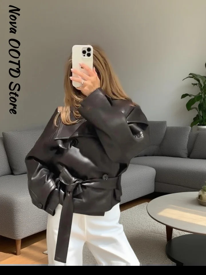 Street Belt Cropped Leather Jackets Women Stand Collar Double Breasted Pockets Long Sleeve Coats 2025 Autumn Lady Chic Outwear 251029